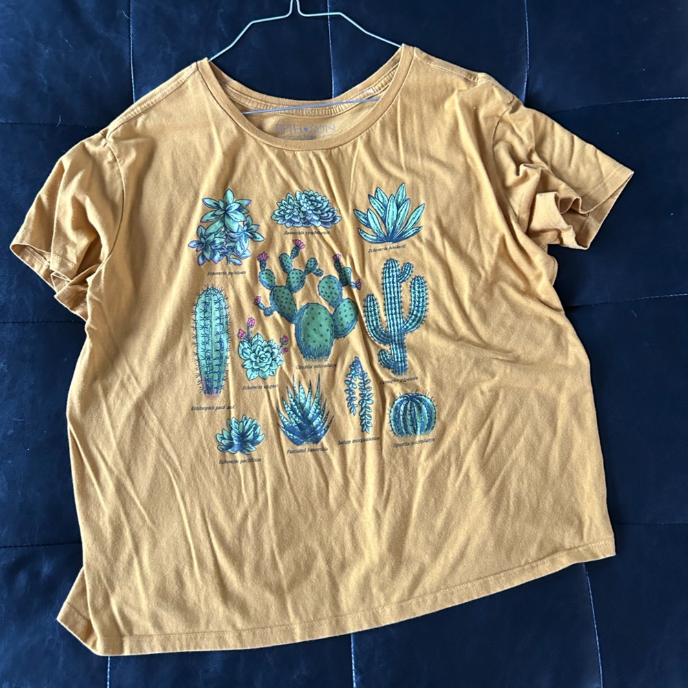 Fifth Sun Mustard Yellow Cactus & Succulent Tee with Teal Artwork